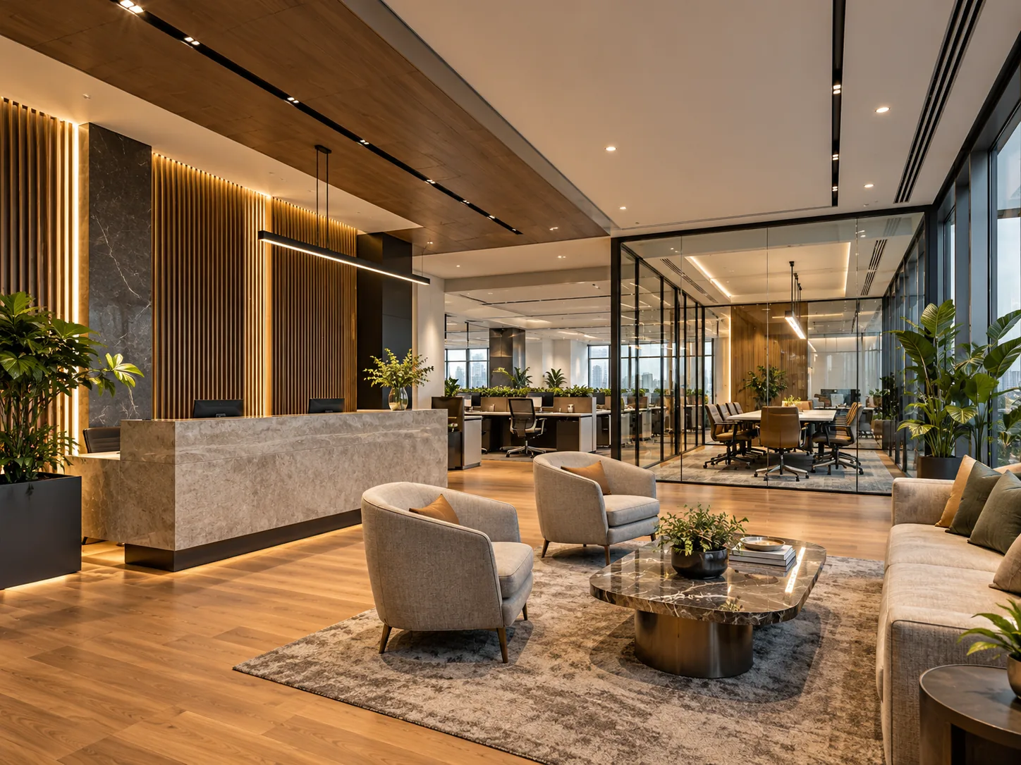 Office reception lounge with a stone front desk and glass-walled meeting room, designed by MTC Spaces