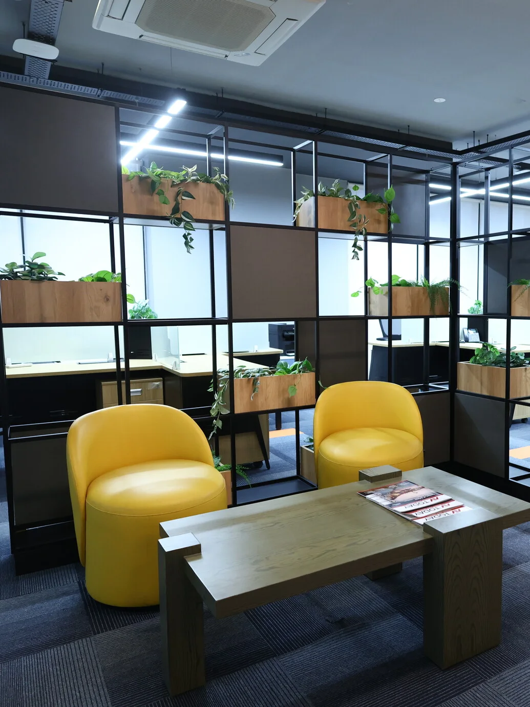 Open-plan workspace with steel-frame planter partitions and lounge seating, built by Spaces by MTC